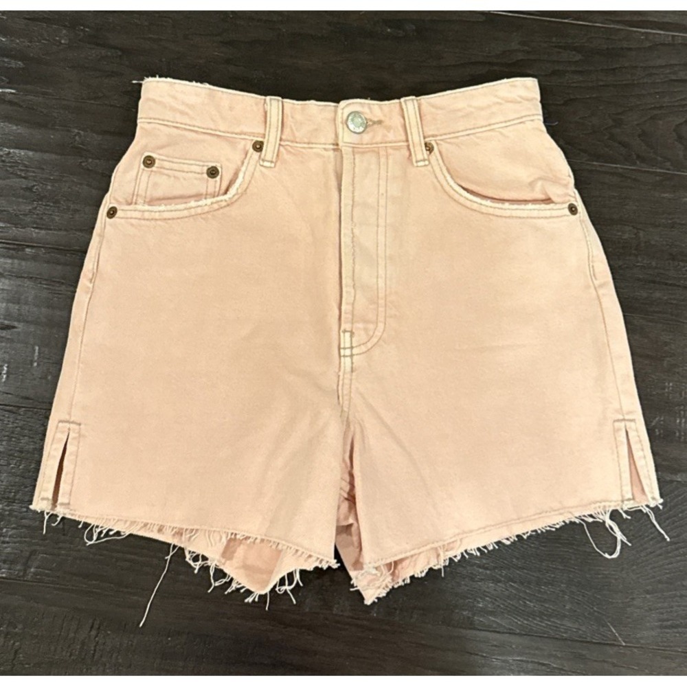 Zara Womens Size 4 Pink Mid Rise Button Fly Denim Jean Shorts Boho Festival